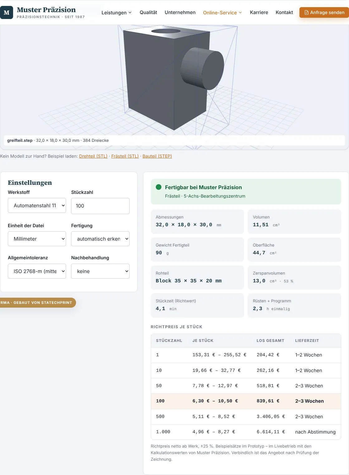 3D-Prüfung eines STEP-Bauteils mit Ampel, Kennwerten und Staffelpreisen