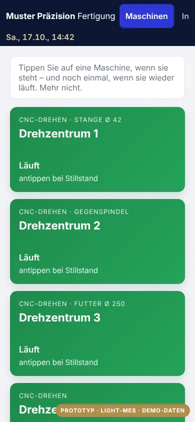 Light-MES am Handy mit Maschinenkacheln