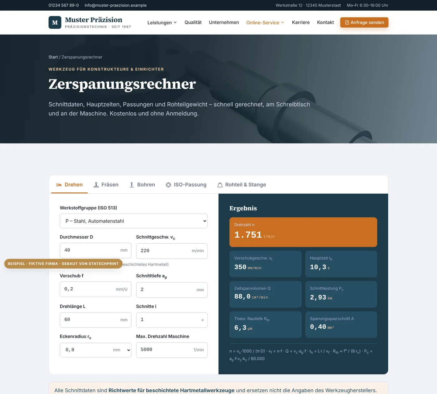 Zerspanungsrechner mit Eingaben und Ergebnissen