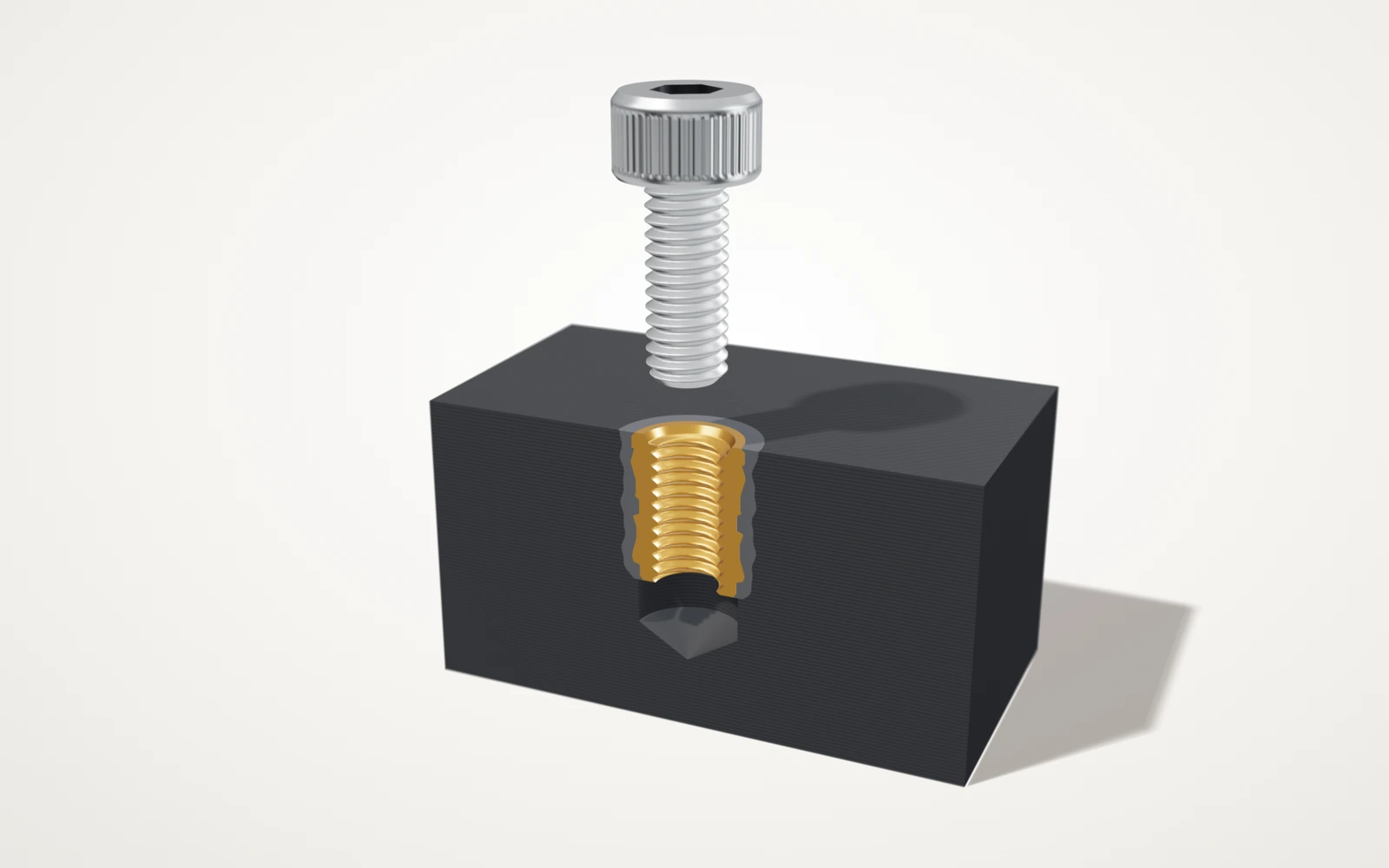 Schnitt durch einen warm gesetzten Gewindeeinsatz aus Messing, 3D-Darstellung