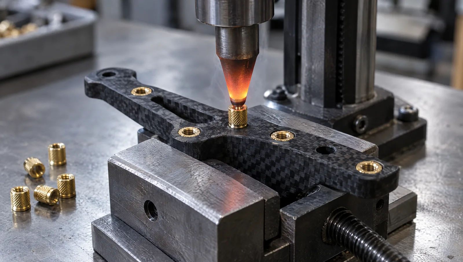 Gewindeeinsatz wird mit dem Lötkolben in ein gedrucktes Bauteil gesetzt, 3D-Darstellung