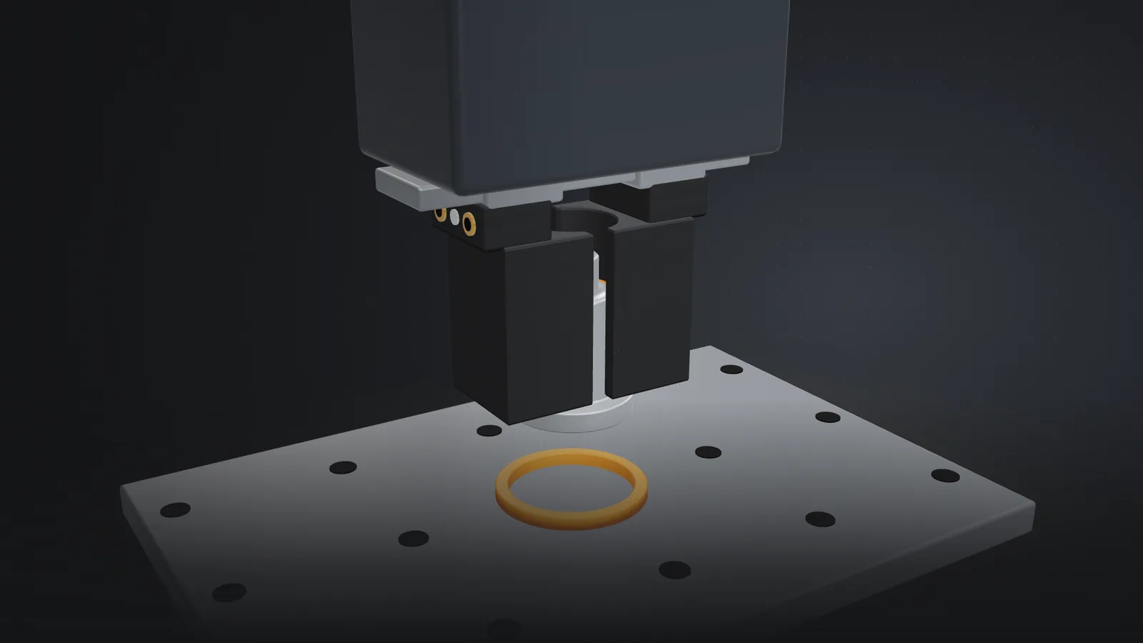 Greifer mit Backen über dem Werkstück, dunkle 3D-Darstellung
