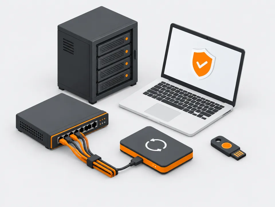 Illustration: Server, Laptop mit Schutzschild, Datensicherung und Sicherheitsschlüssel