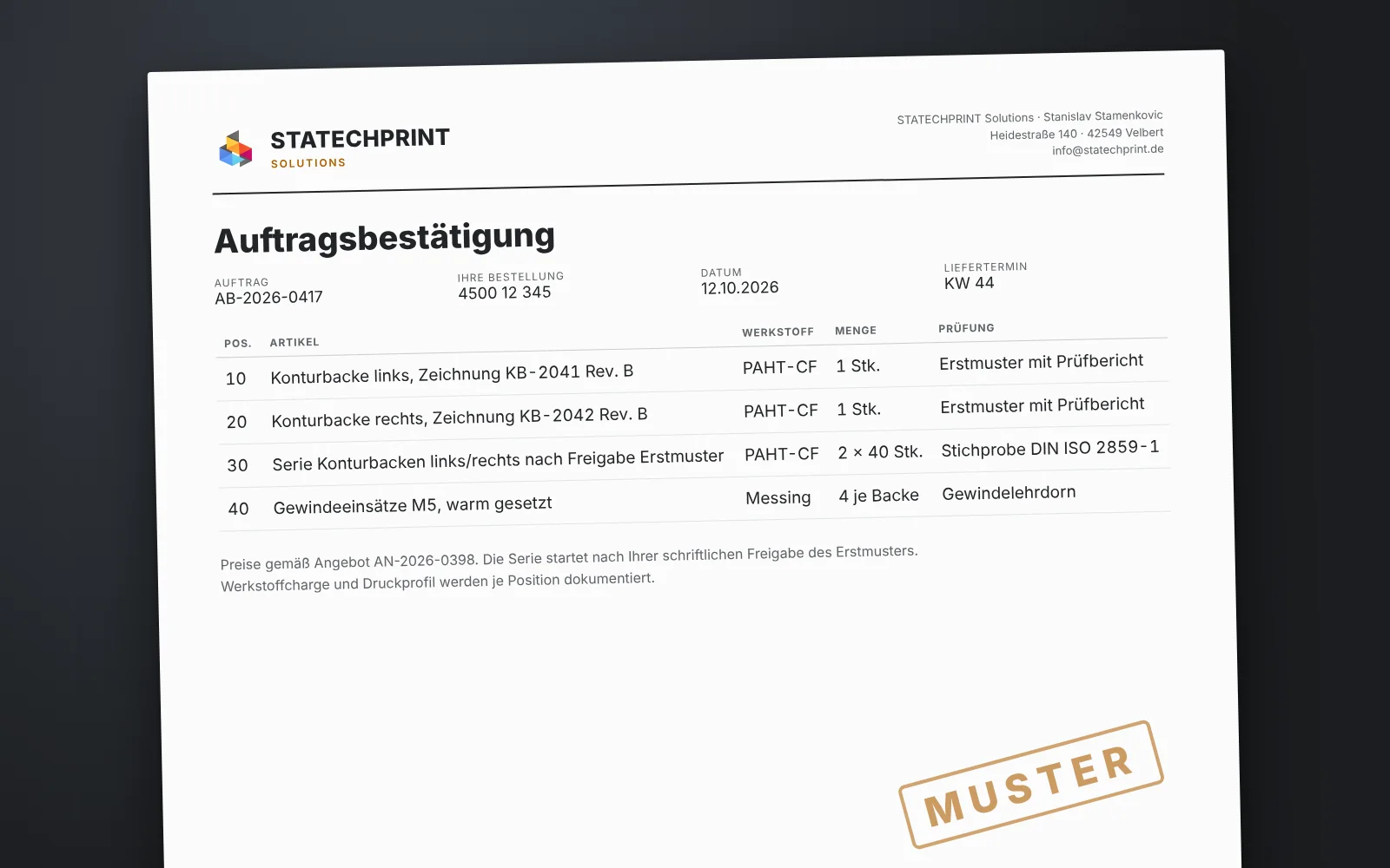 Sample order confirmation