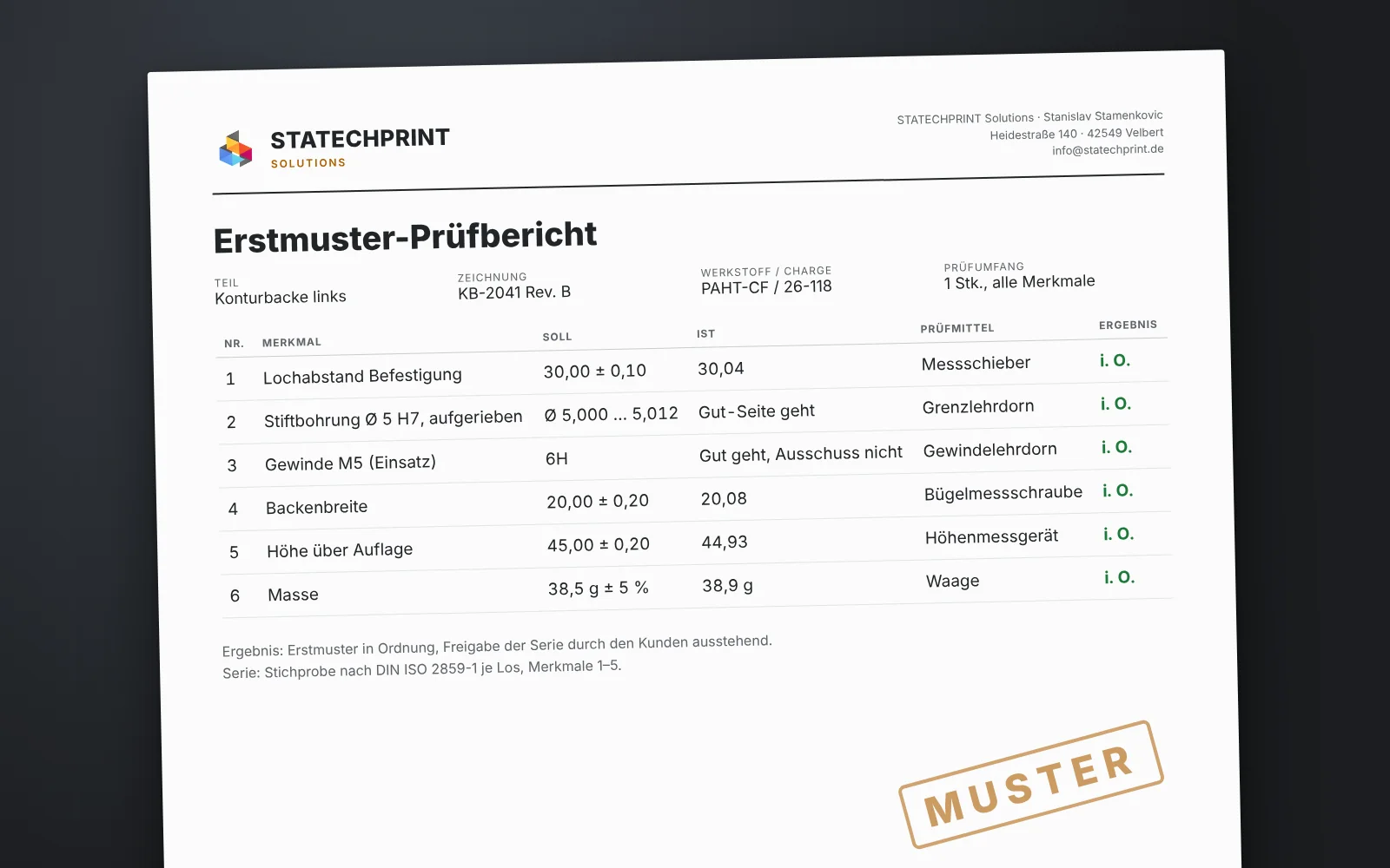Muster eines Erstmuster-Prüfberichts mit Soll, Ist und Prüfmittel